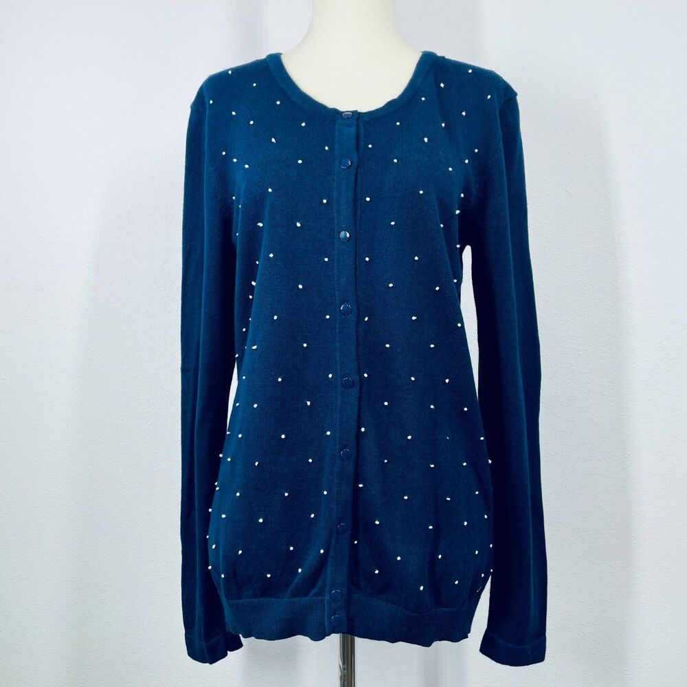 Tommy Hilfiger Cadigan Med Navy Blue White Polka Dot Embroidered Medium Cardigan
